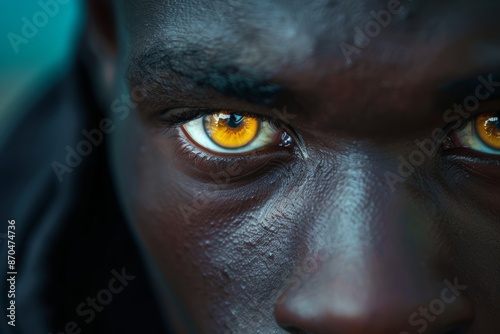 A close-up portrait of a mans face, focusing on his intense gaze with bright yellow eyes