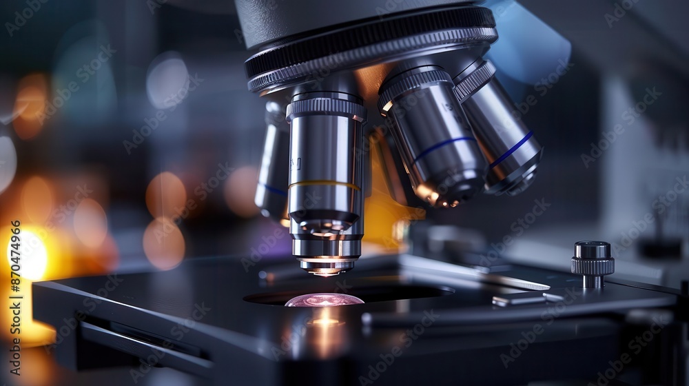 Closeup of a microscope in a science lab, with a slide under the lens and laboratory equipment in the background, perfect for illustrating scientific research and discovery Closeup of a microscope in a science lab, with a slide under the lens and laboratory equipment in the background, perfect for illustrating scientific research and discovery