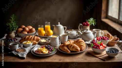 Wallpaper Mural elegant breakfast spread laid out on a rustic wooden table. Include a variety of foods such as freshly baked croissants Torontodigital.ca