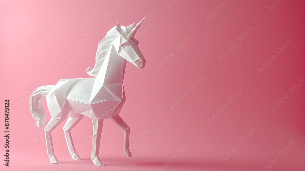 Obraz premium Elegant Origami Unicorn in White on Pink Background