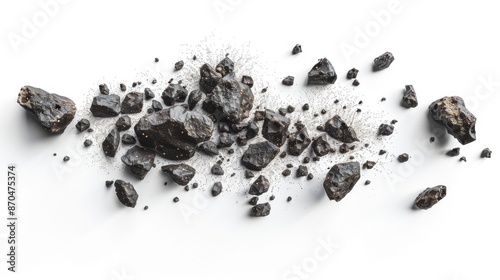 A scattered collection of asteroids against a stark white background, seemingly floating in the vast emptiness of space