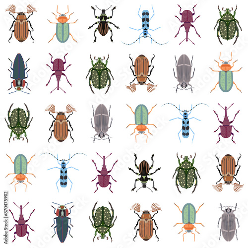 Beetles collection. Vector seamless pattern of various beetles