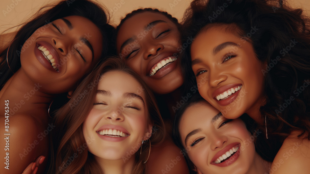 Fototapeta premium Diverse Group of Happy Women Smiling and Embracing Each Other on a Natural Background. Friendship, Joy, Positive Emotions, Inclusive Beauty, and Unity