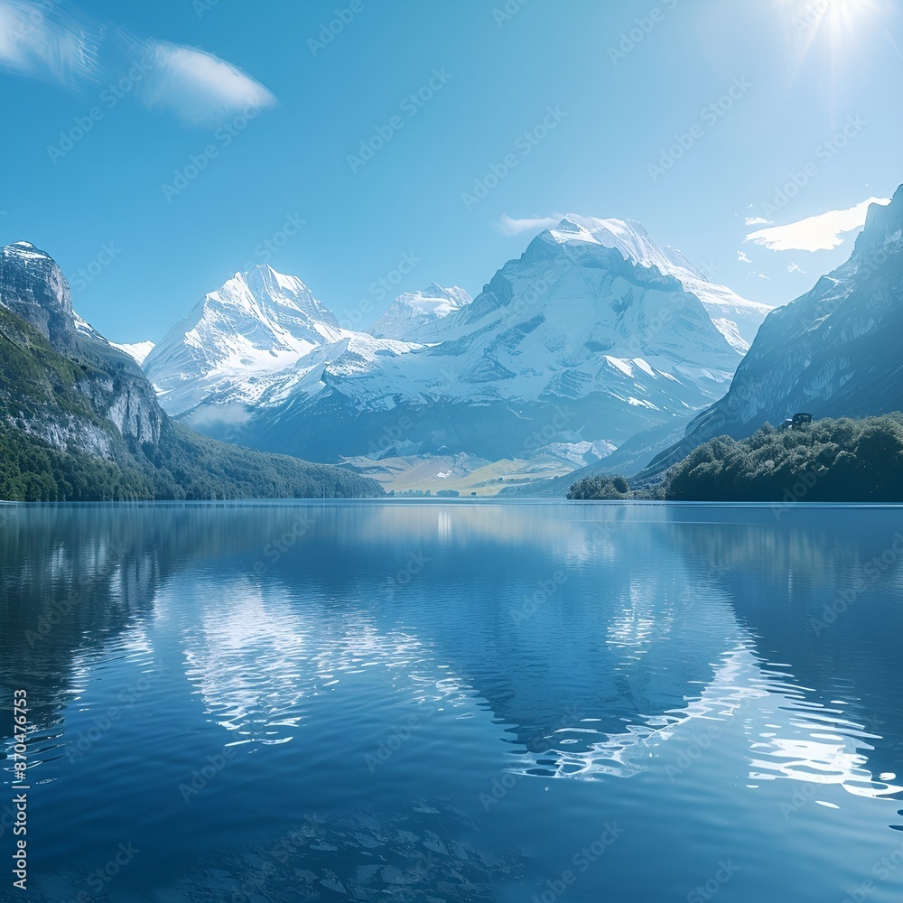 Naklejka premium A serene lake with towering mountains in the distance.