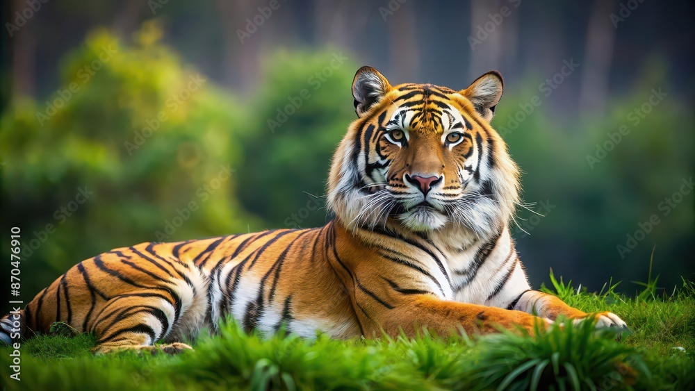 Fototapeta premium Majestic tiger laying on grass in the wild , Wildlife, Carnivore, Predator, Feline, Stripes, Big cat, Safari