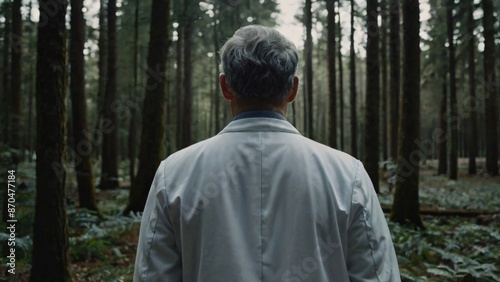 doctor standing in a dense forest, back-view, medical professional amidst nature