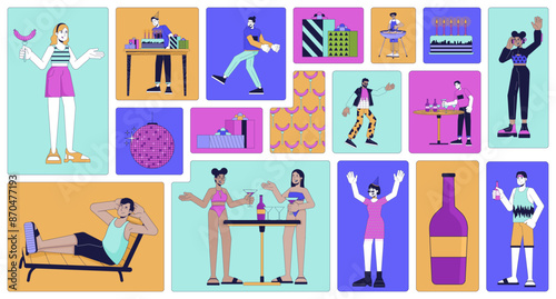 Multicultural people party bento grid illustration set. Clubbing disco dancing 2D vector image collage design graphics collection. Poolside millennial young adults flat characters moodboard layout