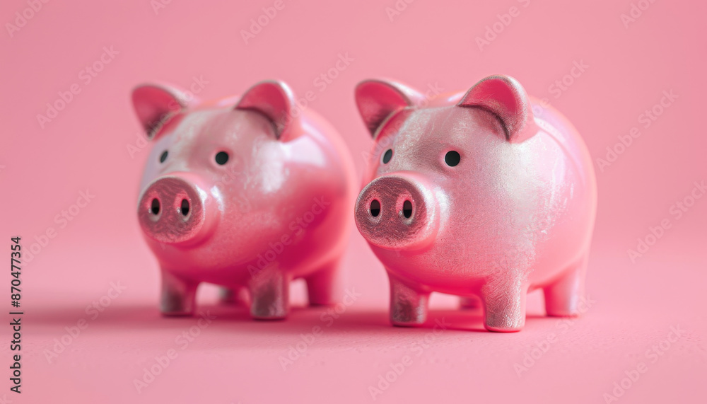 Two Shiny Piggy Banks on Pink Background Two Shiny Piggy Banks on Pink Background
