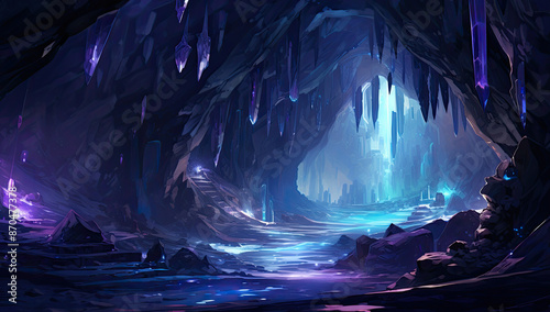 A mysterious cave with crystals and an entrance leading to the underground world. Created with Ai