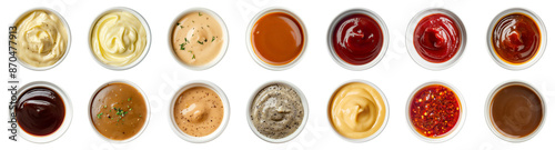 Set of different Sauce in white bowl from top view isolated on background, flat lay of various tasty dipping sauces cuisine. photo