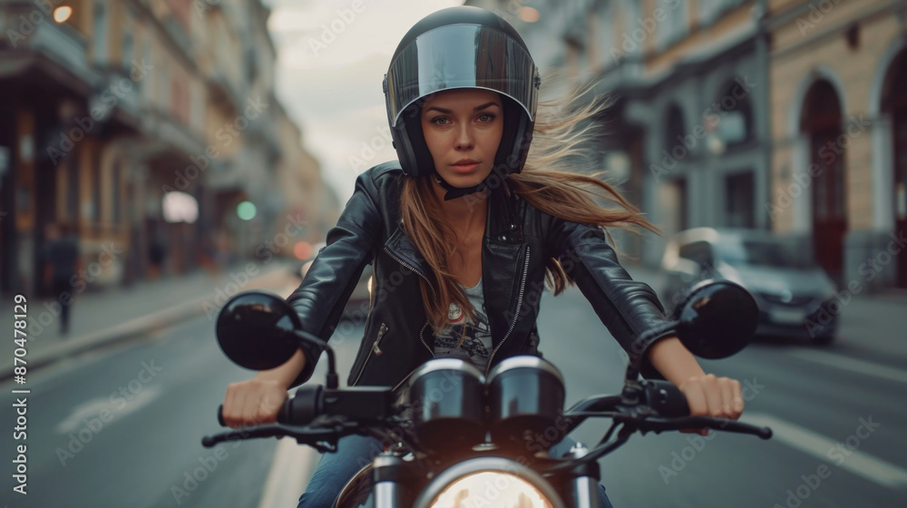 Biker girl in a leather jacket on a motorcycle looking at the sunset Biker girl in a leather jacket on a motorcycle looking at the sunset