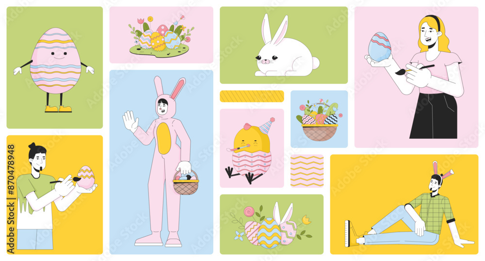 Happy Easter bento grid illustration set. Eastertime traditions 2D vector image collage design graphics collection. Eastertide April. Celebrating young adults flat characters moodboard layout Happy Easter bento grid illustration set. Eastertime traditions 2D vector image collage design graphics collection. Eastertide April. Celebrating young adults flat characters moodboard layout