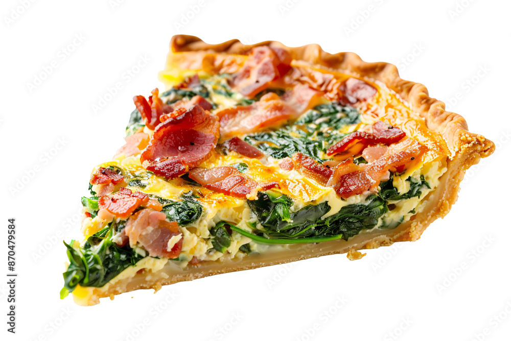 a slice of quiche with bacon and spinach a slice of quiche with bacon and spinach