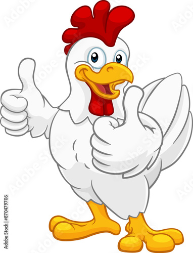A chicken cartoon rooster cockerel character mascot giving a thumbs up.