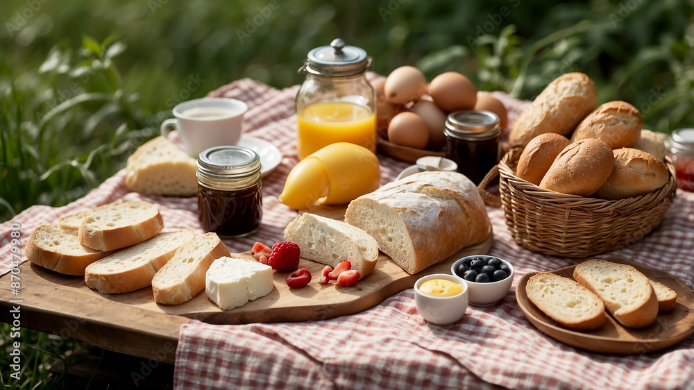 outdoor breakfast picnic spread on a checkered blanket in a sunny park. Include fresh baguettes, an assortment of cheeses outdoor breakfast picnic spread on a checkered blanket in a sunny park. Include fresh baguettes, an assortment of cheeses