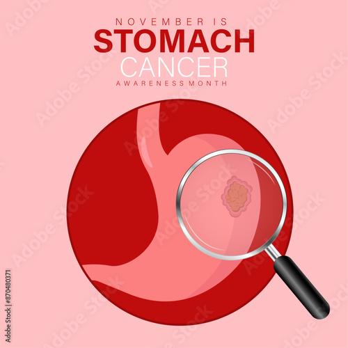 Template desiogn fot stomach cancer awareness month, stomach with cancer cells and magnify glass, medical and health concept vector illustration.
