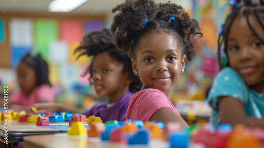 Children sit at tables and play with toys with a positive mood. Children sit at tables and play with toys with a positive mood.