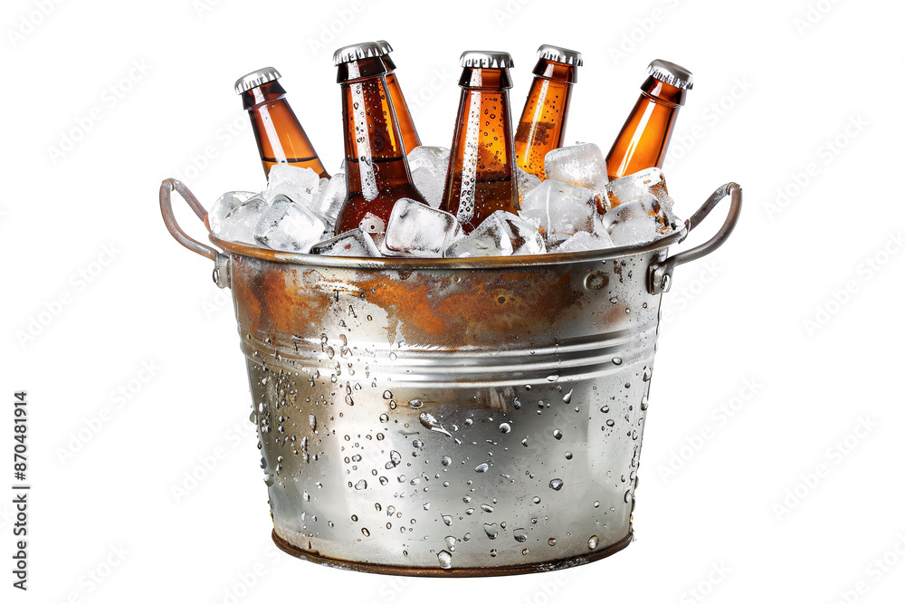 a bucket of beer bottles