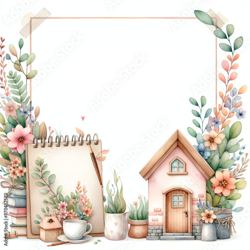 Watercolor Housewarming Card Background Design: Perfect Clipart for Greeting Cards with Text Space
