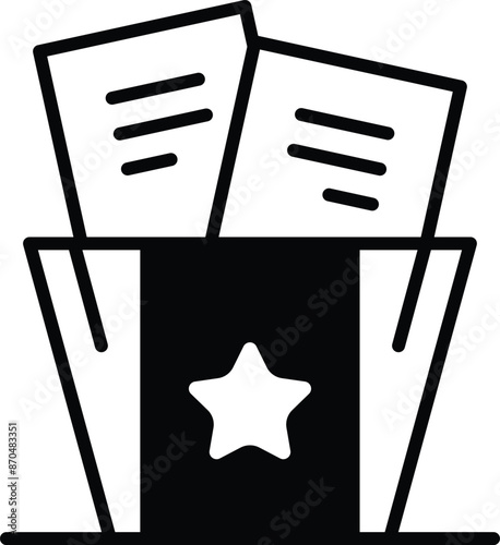 A black and white image of a box with a star and two pieces of paper