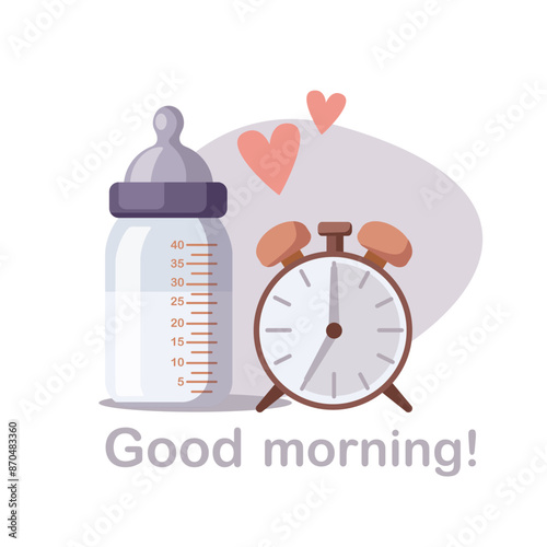 Baby bottle with nipple and alarm clock on white. Good morning