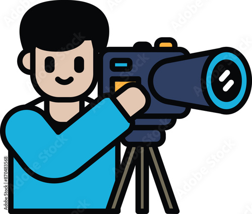 A man is holding a camera and looking through a lens