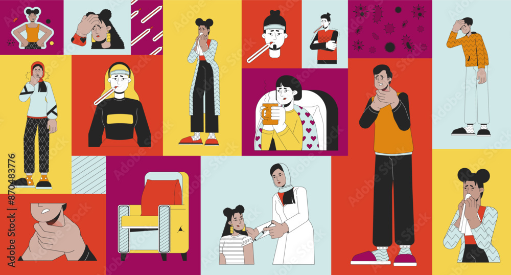 Obraz premium Illnesses seasonal bento grid illustration set. Winter sickness symptoms 2D vector image collage design graphics collection. Flu vaccine. Diverse people sick cold flat characters moodboard layout