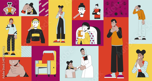 Illnesses seasonal bento grid illustration set. Winter sickness symptoms 2D vector image collage design graphics collection. Flu vaccine. Diverse people sick cold flat characters moodboard layout