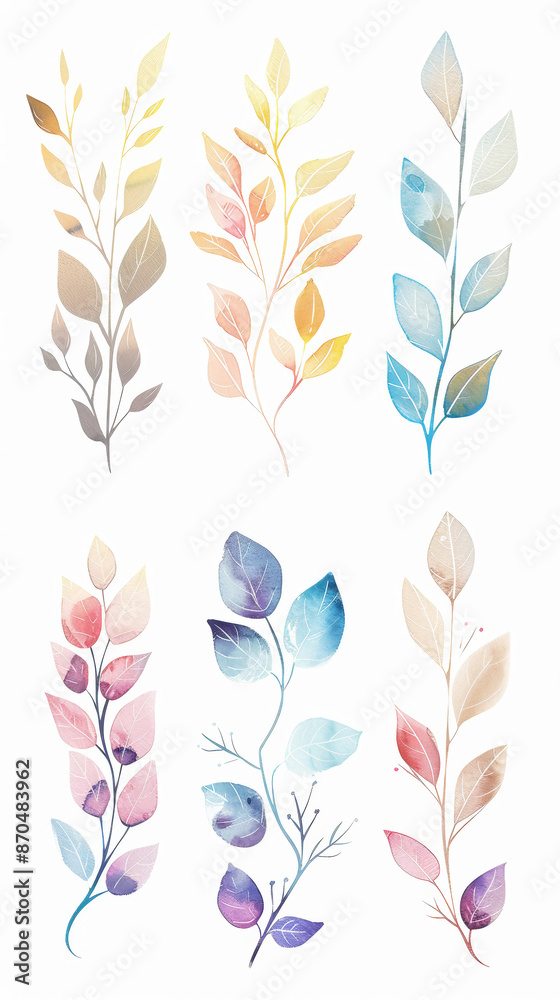 Watercolor set of aesthetic abstract thin branches and leaves in pastel colors, clean white background. Generative AI Watercolor set of aesthetic abstract thin branches and leaves in pastel colors, clean white background. Generative AI