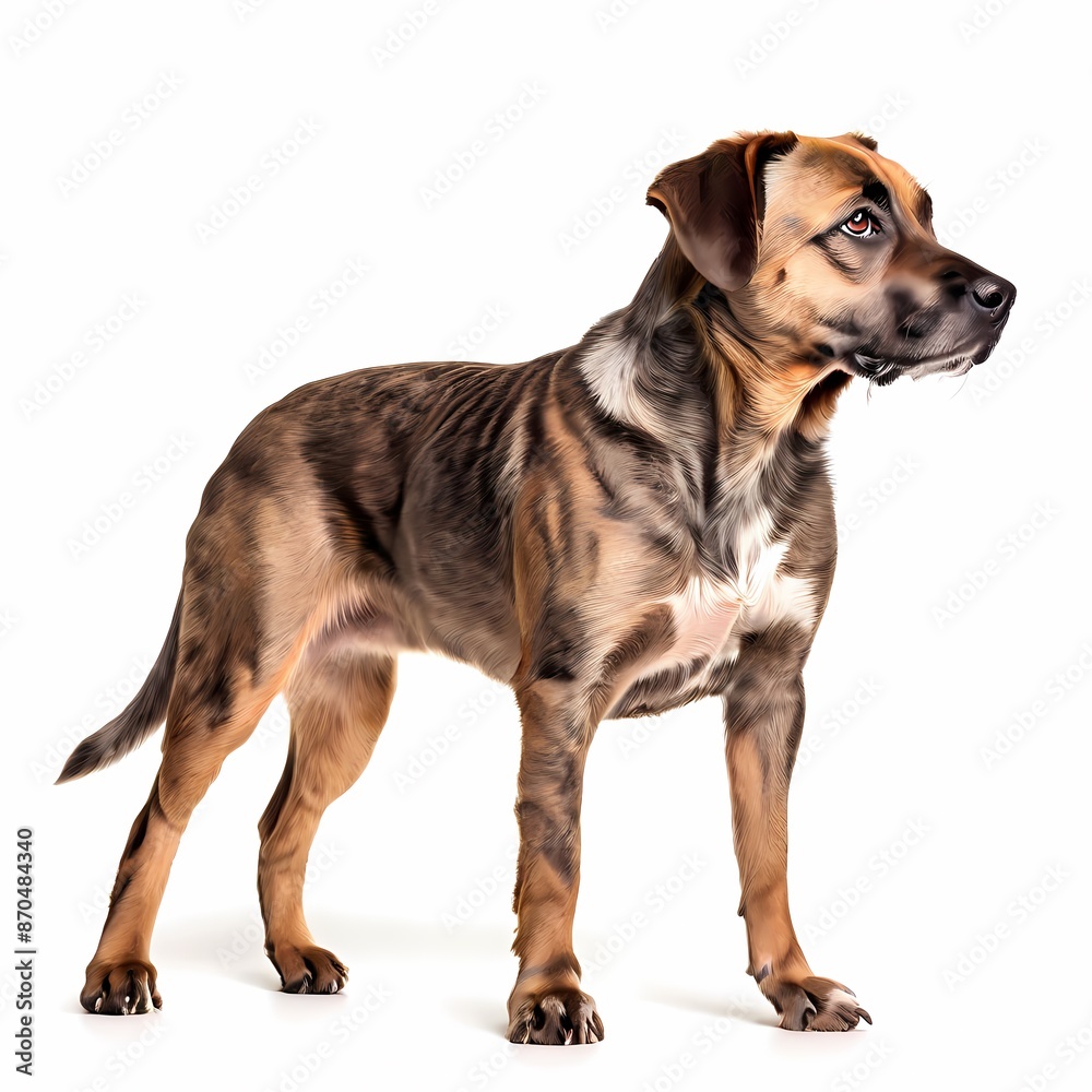 Treeing tennessee brindle dog breed standing against white background, AI Generated Treeing tennessee brindle dog breed standing against white background, AI Generated