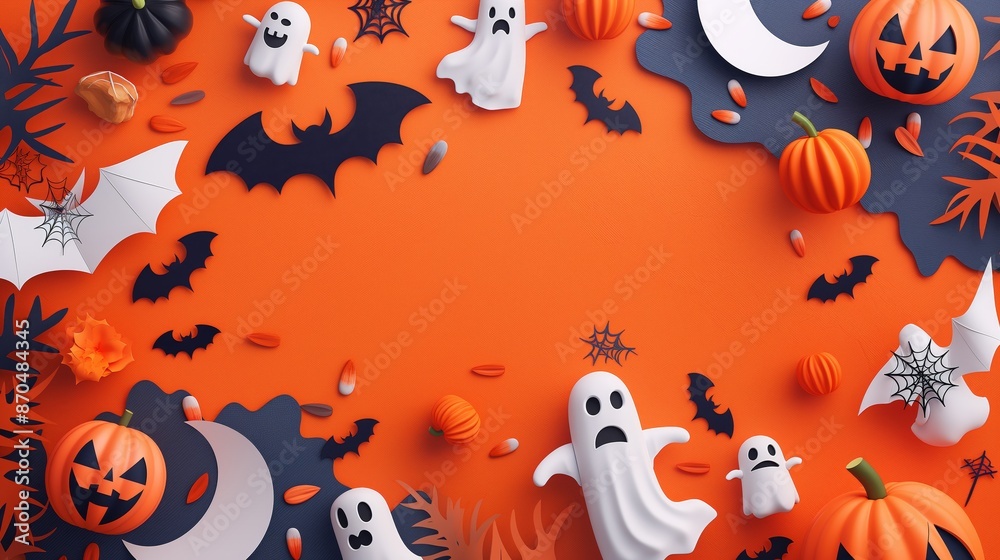 A banner with colorful Halloween characters, pumpkins, cobwebs, bats, ghosts, on a paper collage-style background with an empty copy space for text A banner with colorful Halloween characters, pumpkins, cobwebs, bats, ghosts, on a paper collage-style background with an empty copy space for text