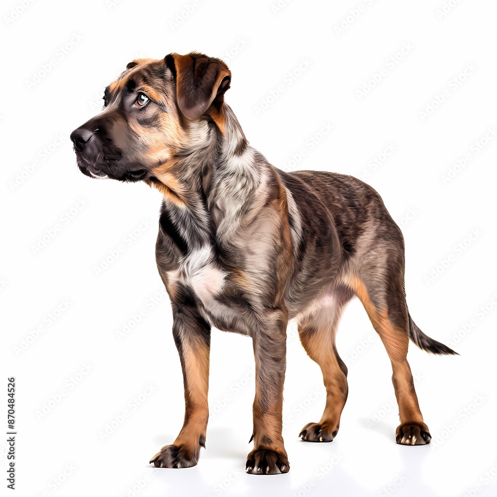 Treeing tennessee brindle dog breed standing against white background, AI Generated Treeing tennessee brindle dog breed standing against white background, AI Generated