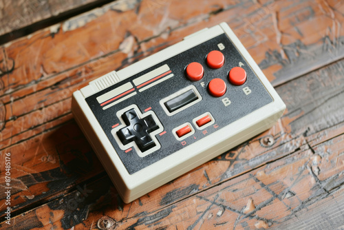 A vintage-style game controller on a wooden table photo