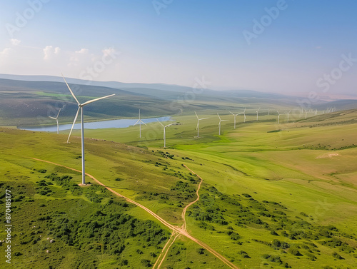 Panoramic aerial view of wind turbine and artificial lake, Mount Gilboa photo