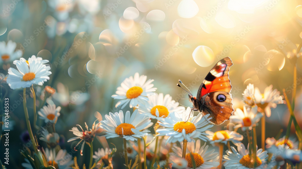 A vibrant butterfly fluttering over daisies in the warm sunlight, creating an enchanting scene. A vibrant butterfly fluttering over daisies in the warm sunlight, creating an enchanting scene.