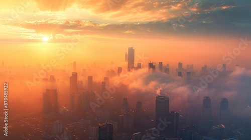 Sunrise Over a Foggy City Skyline