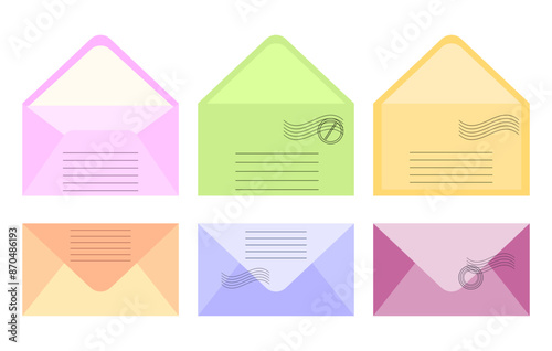 Set of postal envelopes. Envelopes with stamps. Illustration, icons, vector