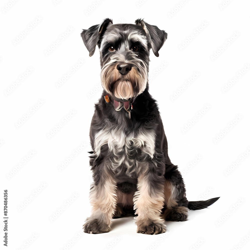 Standard schnauzer dog breed standing against white background, AI Generated Standard schnauzer dog breed standing against white background, AI Generated