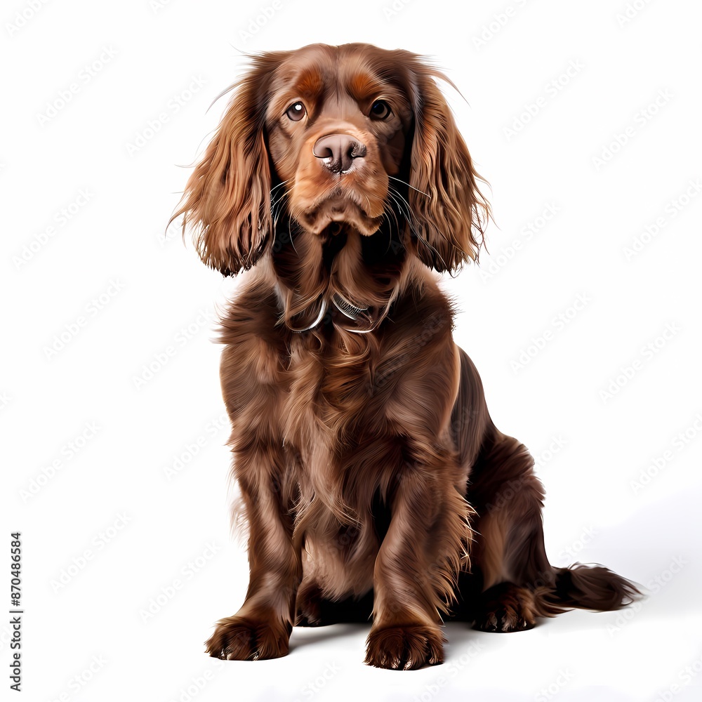 Sussex spaniel dog breed standing against white background, AI Generated Sussex spaniel dog breed standing against white background, AI Generated