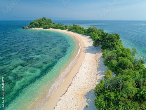 A beautiful beach with a rocky island in the background