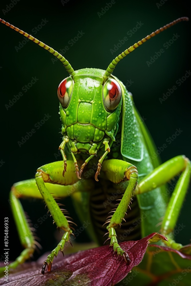 A detailed view of a vibrant green grasshopper with striking red eyes, showcasing its unique features up close A detailed view of a vibrant green grasshopper with striking red eyes, showcasing its unique features up close