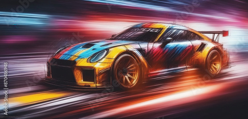 Graphic, colorful and very dynamic drawing of a racing car on the race track