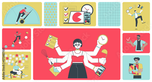 Productivity people bento grid illustration set. Office workflow 2D vector image collage design graphics collection. Task management. Busy multitasking employees flat characters moodboard layout