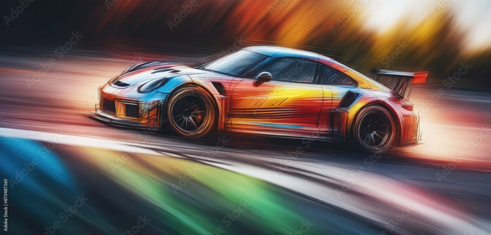 Graphic, colorful and very dynamic drawing of a racing car on the race track Graphic, colorful and very dynamic drawing of a racing car on the race track