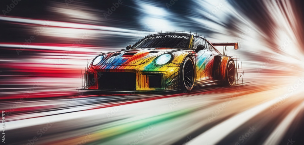 Graphic, colorful and very dynamic drawing of a racing car on the race track Graphic, colorful and very dynamic drawing of a racing car on the race track