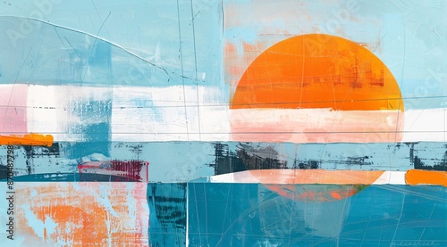 Abstract seascape painting with a large orange sun setting over an ocean with visible brushstrokes and a textured, layered effect