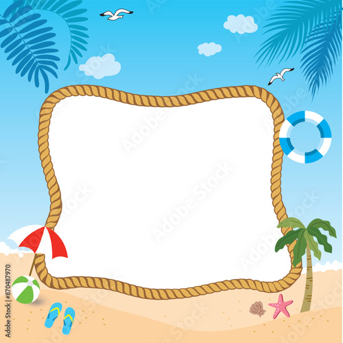 Summer vacation beach background frame illustration. Sand beach. Tube. Beach ball.