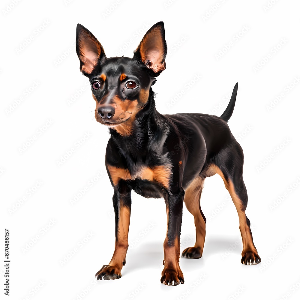 Toy manchester terrier dog breed standing against white background, AI generated Toy manchester terrier dog breed standing against white background, AI generated
