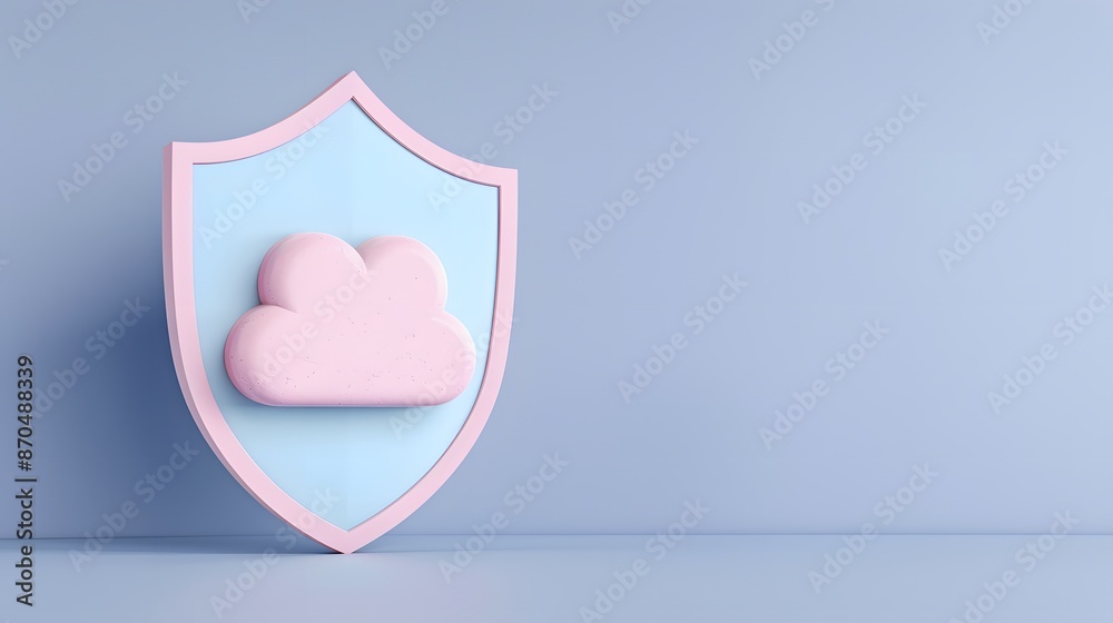 Fototapeta premium 3D cloud icon on shield symbolizing data security and cloud protection in technology concept on minimalist background.