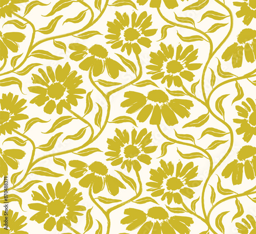 Flower and leaf paint brush organic abstract seamless pattern. floral abstract background.